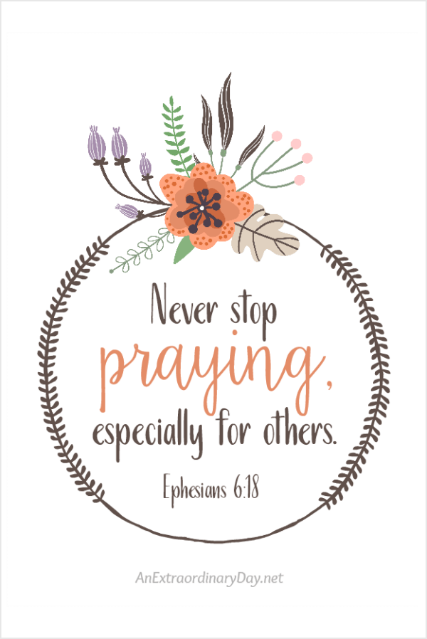 Prayer is what we want when we're struggling with health issues, need strength for a situation, dealing with family or relationship issues, or loss. Let's turn the tables... others need us to pray too. Download this 5x7 Prayer Printable, frame it and as a reminder to "Never stop praying, especially for others." Ephesians 6:18