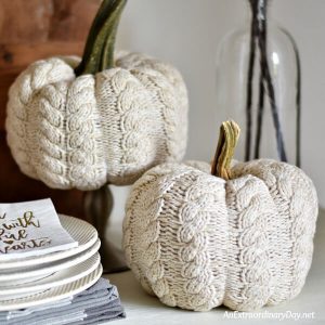 Texture is key in a Farmhouse Vignette - Handmade Fall Sweater Pumpkins are the perfect touch