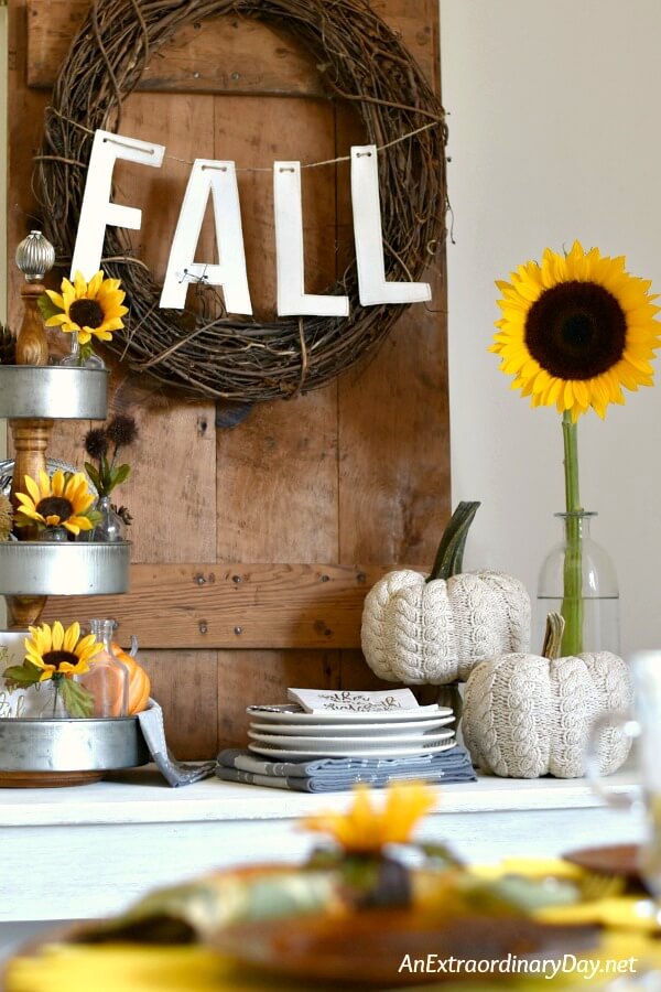 Farmhouse style sunflower themed fall decor Vignette - Simple and Easy Tea Party IDEAS 