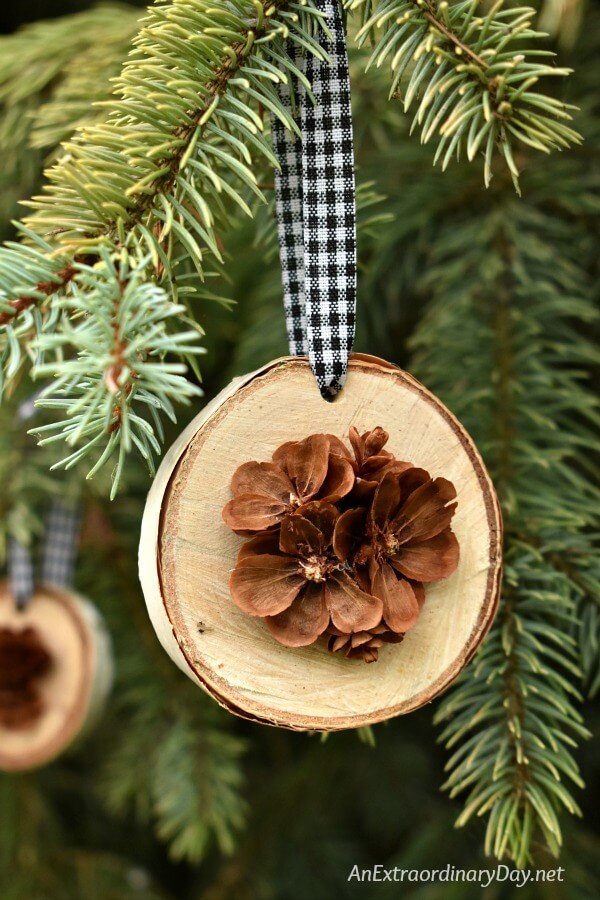 Rustic Handmade Christmas Ornament for the Tree - Birch Wood Slices Display Pretty Hand Cut Pine Cone Flowers