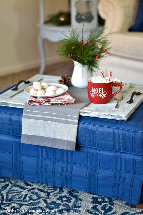 How to make a modern farmhouse tray. Quick and Easy DIY for turning your footstool into a coffee table for Christmas or anytime.