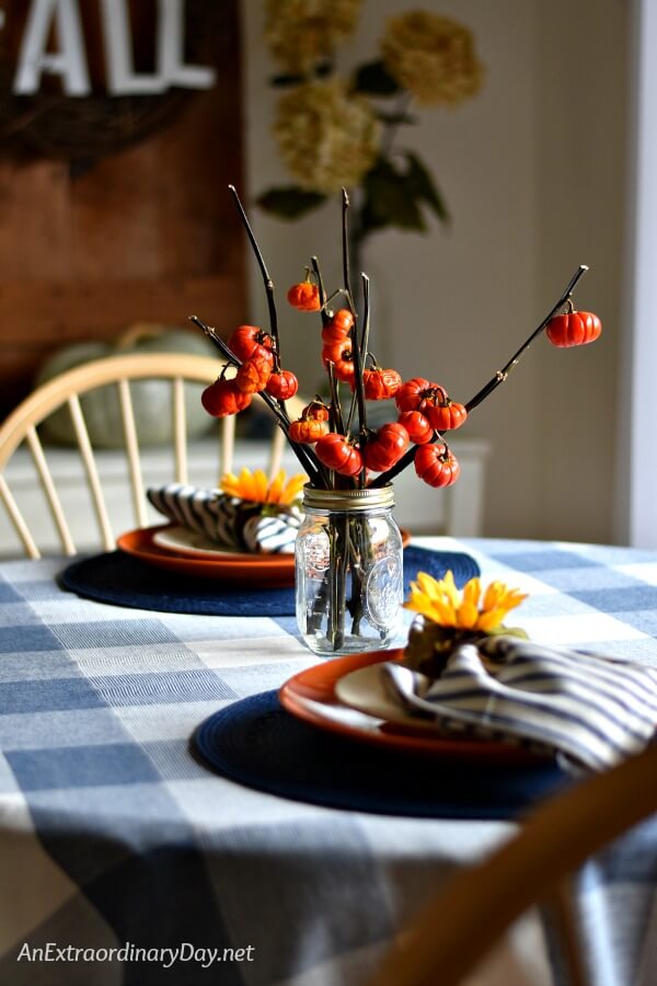 Inspiration for setting a casual Thanksgiving table or Simple & Easy Fall Table Setting on blue and white check tablecloth