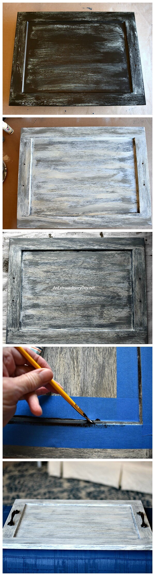 Paint transformation of a cabinet door to a modern farmhouse tray coffee table 
