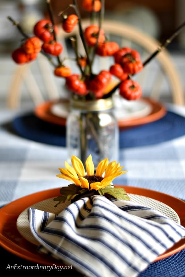 Perfect for Thanksgiving or Fall at Home Entertaining - Simple fall table setting on blue and white check tablecloth