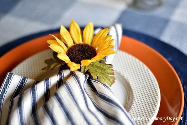 Simple, Easy, and Stunning fall table setting on blue and white check tablecloth