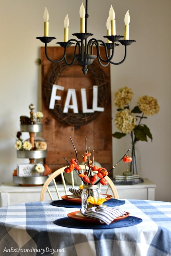 Simple Fall Table Setting with Blue and White Gingham Table Cloth - not Buffalo Plaid