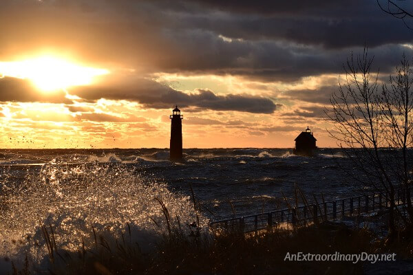 Sunset on a windy wave crashing Lake Michigan. Looking for Peace?