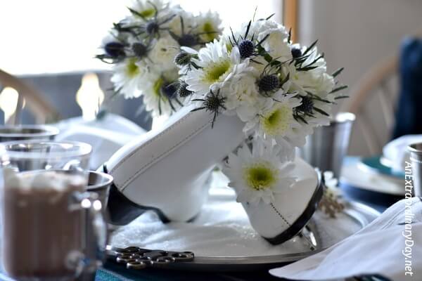 Beautiful Centerpiece Make of a Pair of Ladies Figure Skating Boots Filled with Flower on Epsom Salts - AnExtraordinaryDay.net