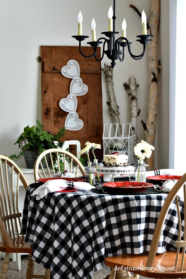 Charming Black & White Check Tablecloth with a Valentine Table Setting - AnExtraordinaryDay.net