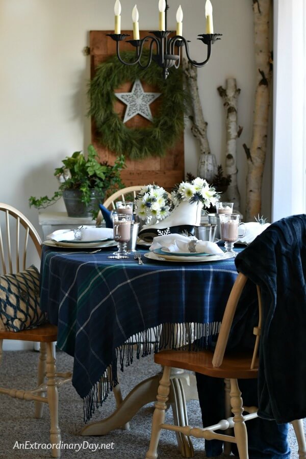 Dark Blue Winter Tablescape with a Ice Skate Centerpiece - AnExtraordinaryDay.net