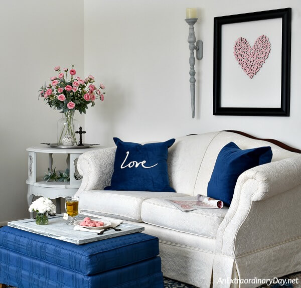 Sweet Simple French Country Style Living Room Decorated for Valentine's Day in Cream, Navy, and Pink - AnExtraordinaryDay.net