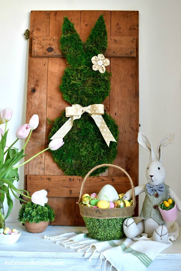 A Simple Farmhouse Style Vignette on the Sideboard with Old Door, Bunnies, Easter Eggs - AnExtraordinaryDay.net