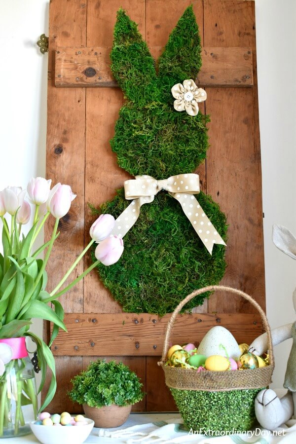 Green Mossy Wall Bunny is the Focal Point of this Easter Farmhouse Style Vignette - AnExtraordinaryDay.net
