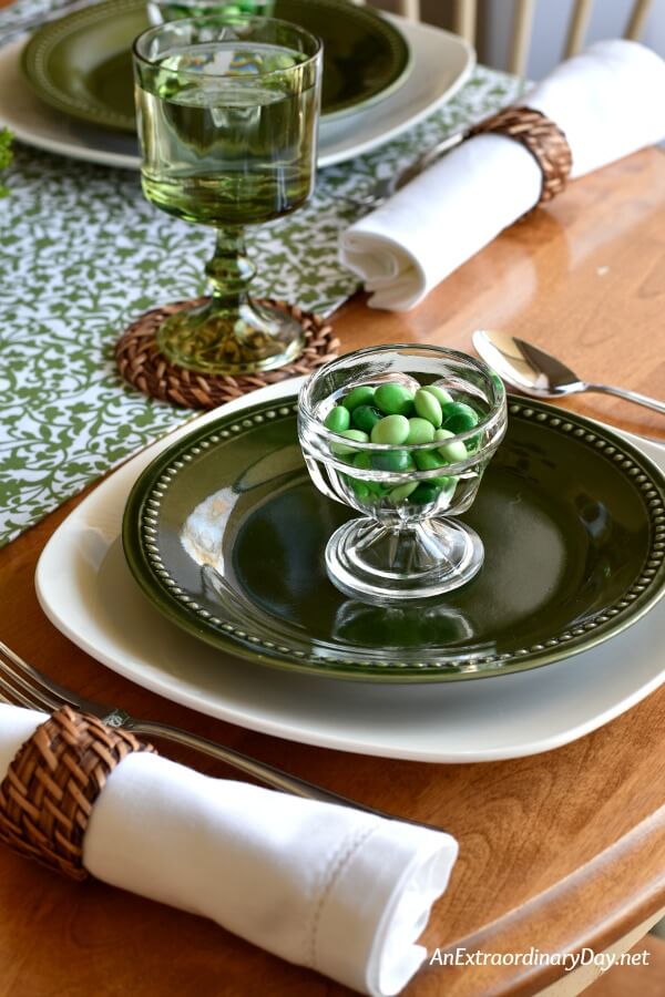 Mossy green luncheon plate and white dinner plate make a simple St. Patrick's Day table setting - AnExtraordinaryDay.net