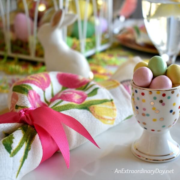 Napkin and Egg Cup How To Make A Meaningful And Pretty Gold Pastel Easter Table - AnExtraordinaryDay.net