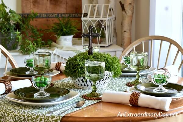 Simple and sweet mossy green St. Patrick's Day Tablescape - AnExtraordinaryDay.net