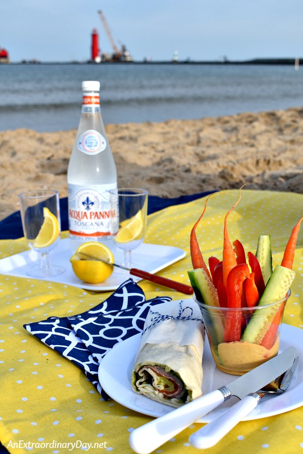 Simple Beach Picnic with Finger Foods and Fabric Napkins and Melamine Plates - AnExtraordinaryDay.net