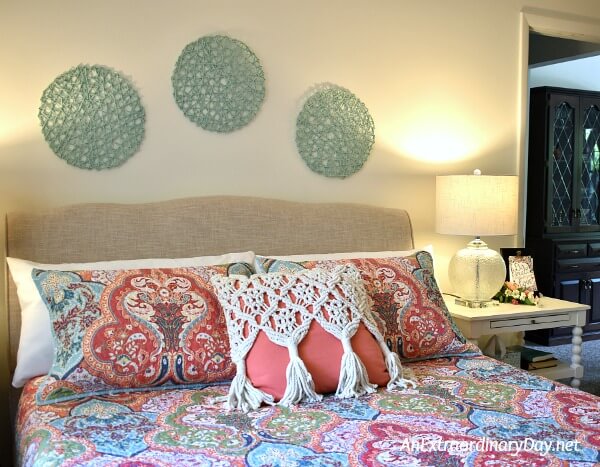 Bed and side table and lamp boho cottage style decor - AnExtraordinaryDay.net