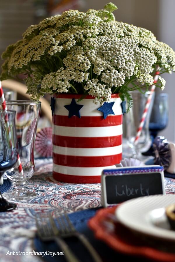 Red and White Striped Vase Patriotic Centerpiece Idea - AnExtraordinaryDay.net