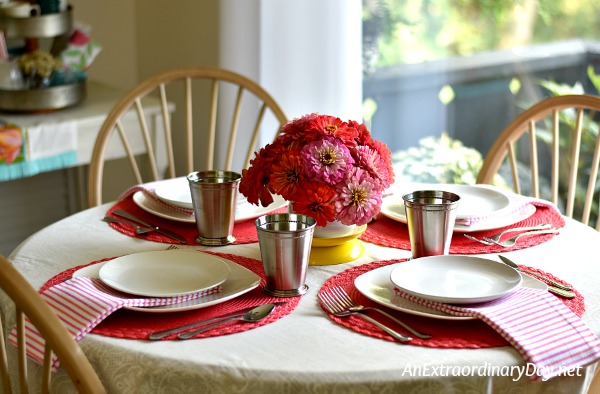 Pink themed tablescape with pink zinnia centerpiece - Preparing to celebrate with friends - AnExtraordinaryDay.net