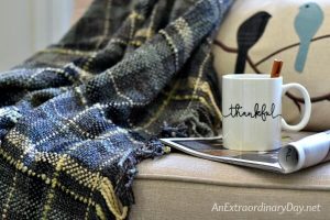 Cozy throw from Wayfair and thankful cup on magazine - Hygge for Fall - AnExtraordinaryDay.net