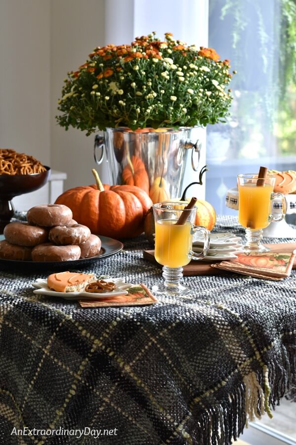 Gray plaid woven throw is tablecloth and backdrop for a cozy Hygge style fall party with drinks and treat - AnExtraordinaryDay.net