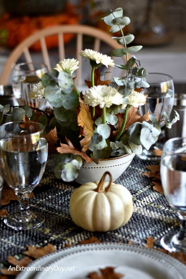 Casual Thanksgiving Centerpiece with Small Boo White Pumpkin - AnExtraordinaryDay.net
