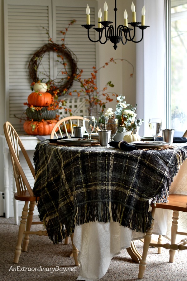 Dining table set with plaid tablecloth for Thanksgiving - AnExtraordinaryDay.net