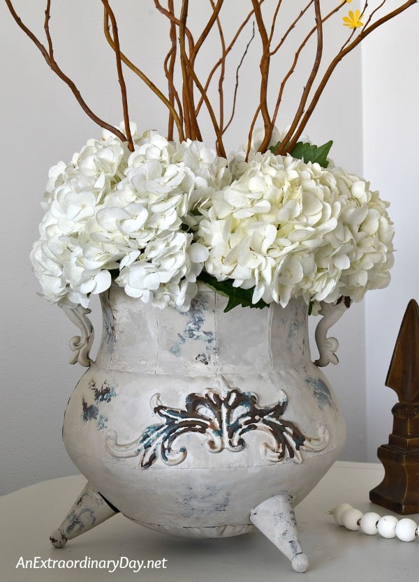 French Country Style Aureliana Iron Vase Customized for Fresh as Spring Decor with White Hydrangeas - AnExtraordinaryDay.net