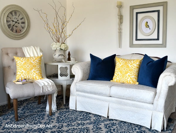 Small Apartment Living Room Corner Styled for Spring with Pretty Yellow Pillow Accents from Wayfair and MORE! - AnExtraordinaryDay.net