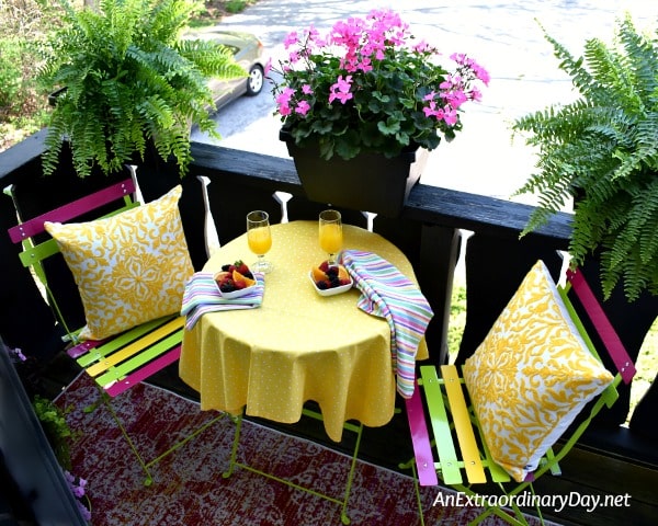 Colorful Bistro Set in Yellow, Pink, and Bright Green for Breakfast